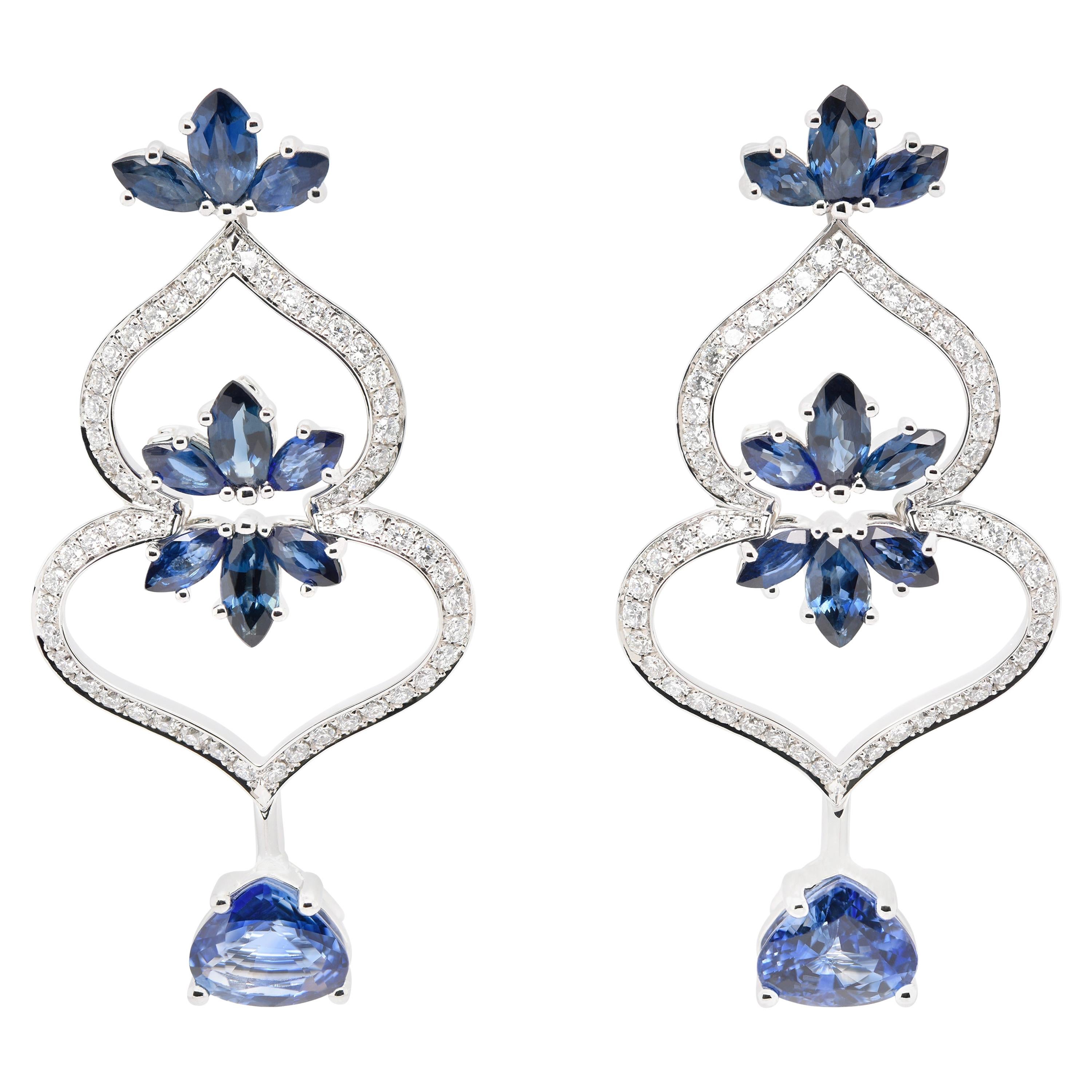 JAG New York Sapphire and Diamond Earrings in Platinum Shaped Like Spades For Sale