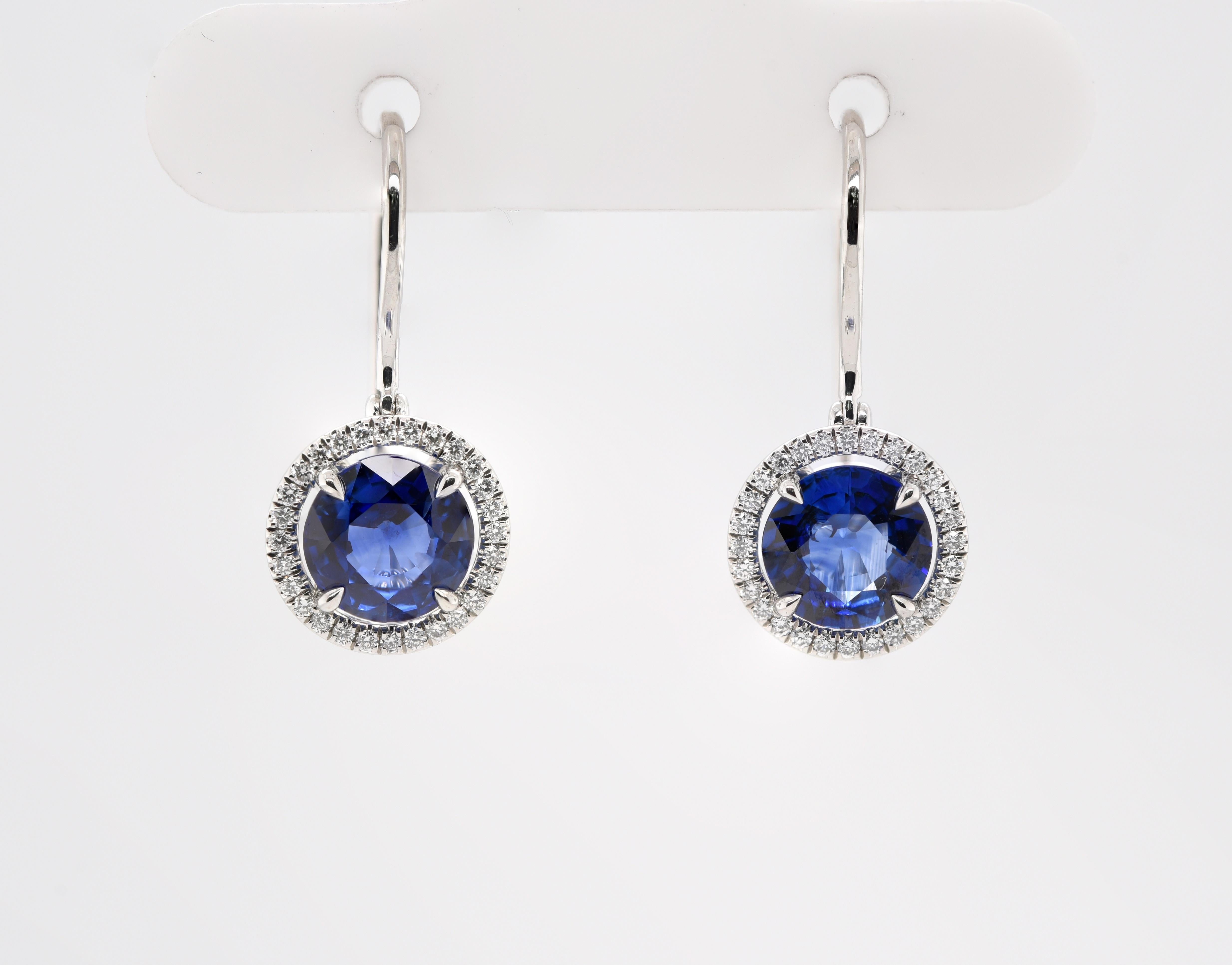 Round Cut JAG New York Sapphire and Diamond Halo Earrings Set in Platinum For Sale