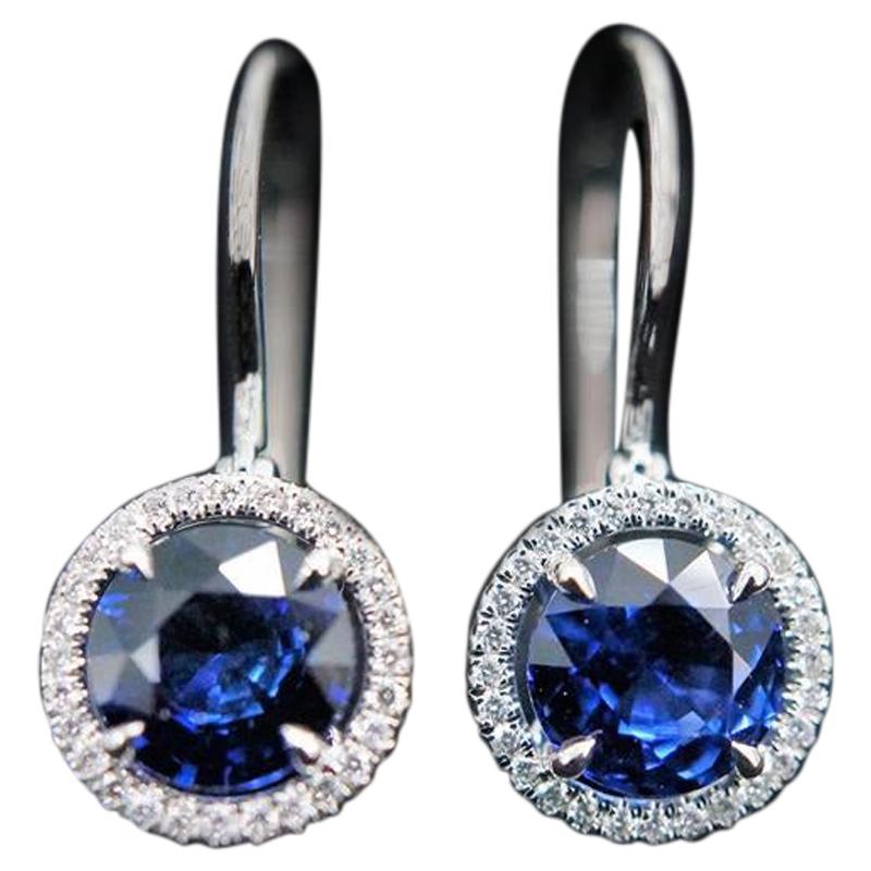 JAG New York Sapphire and Diamond Halo Earrings Set in Platinum For Sale