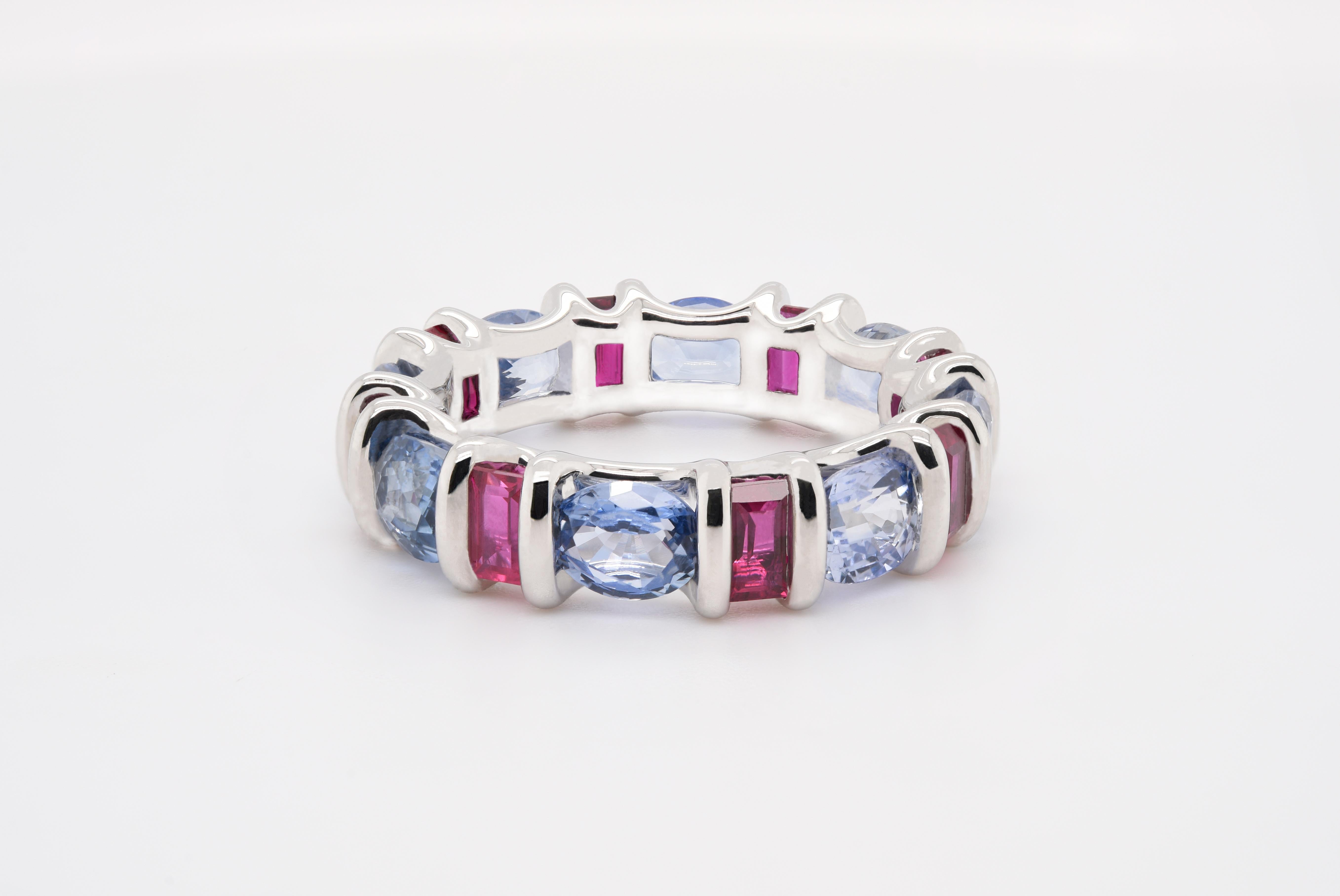 Antique Cushion Cut JAG New York Sapphire and Ruby Eternity Band in Platinum For Sale