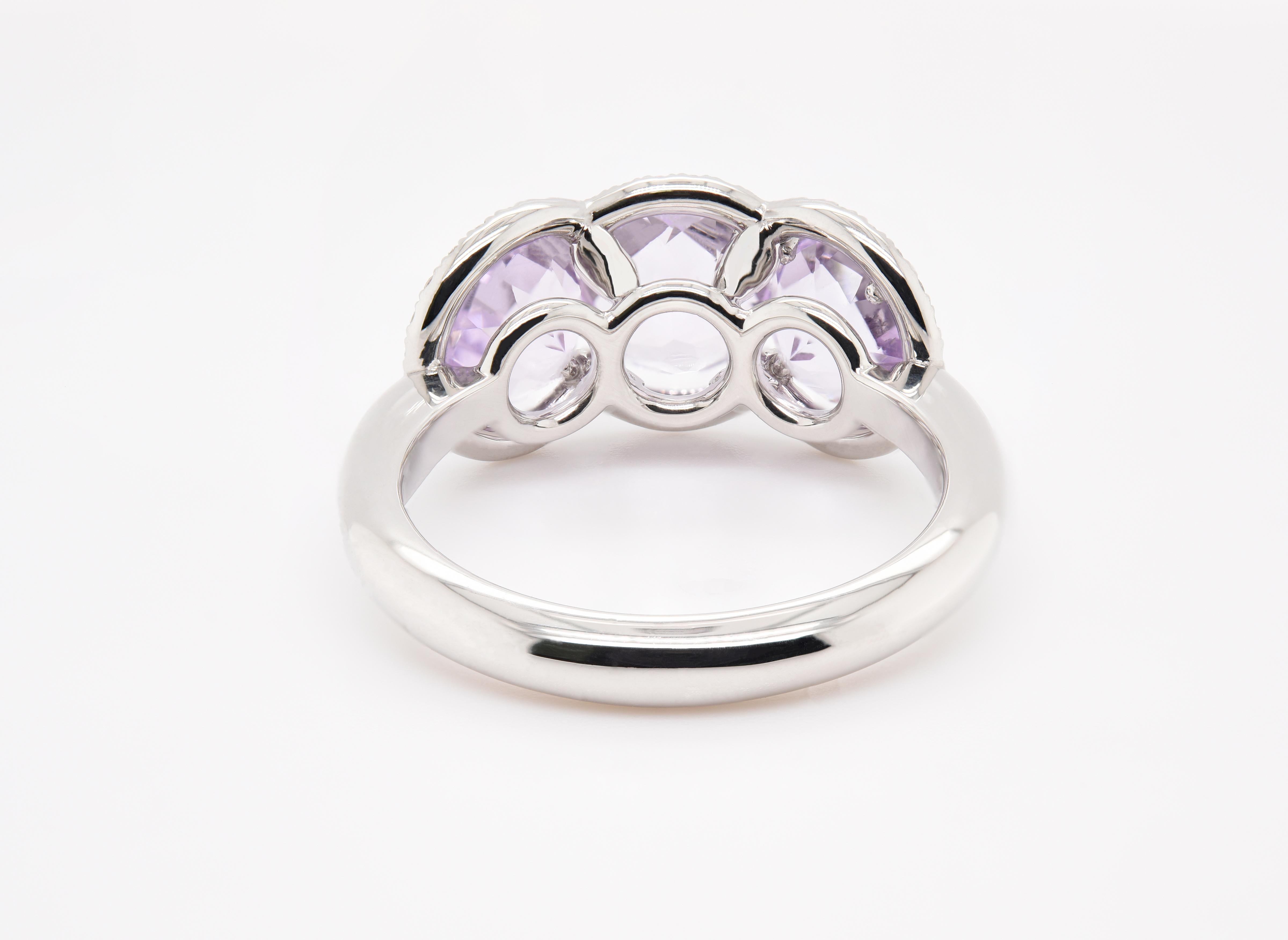 Round Cut JAG New York Three Amethyst Surrounded by Diamond Halos Ring in Platinum For Sale
