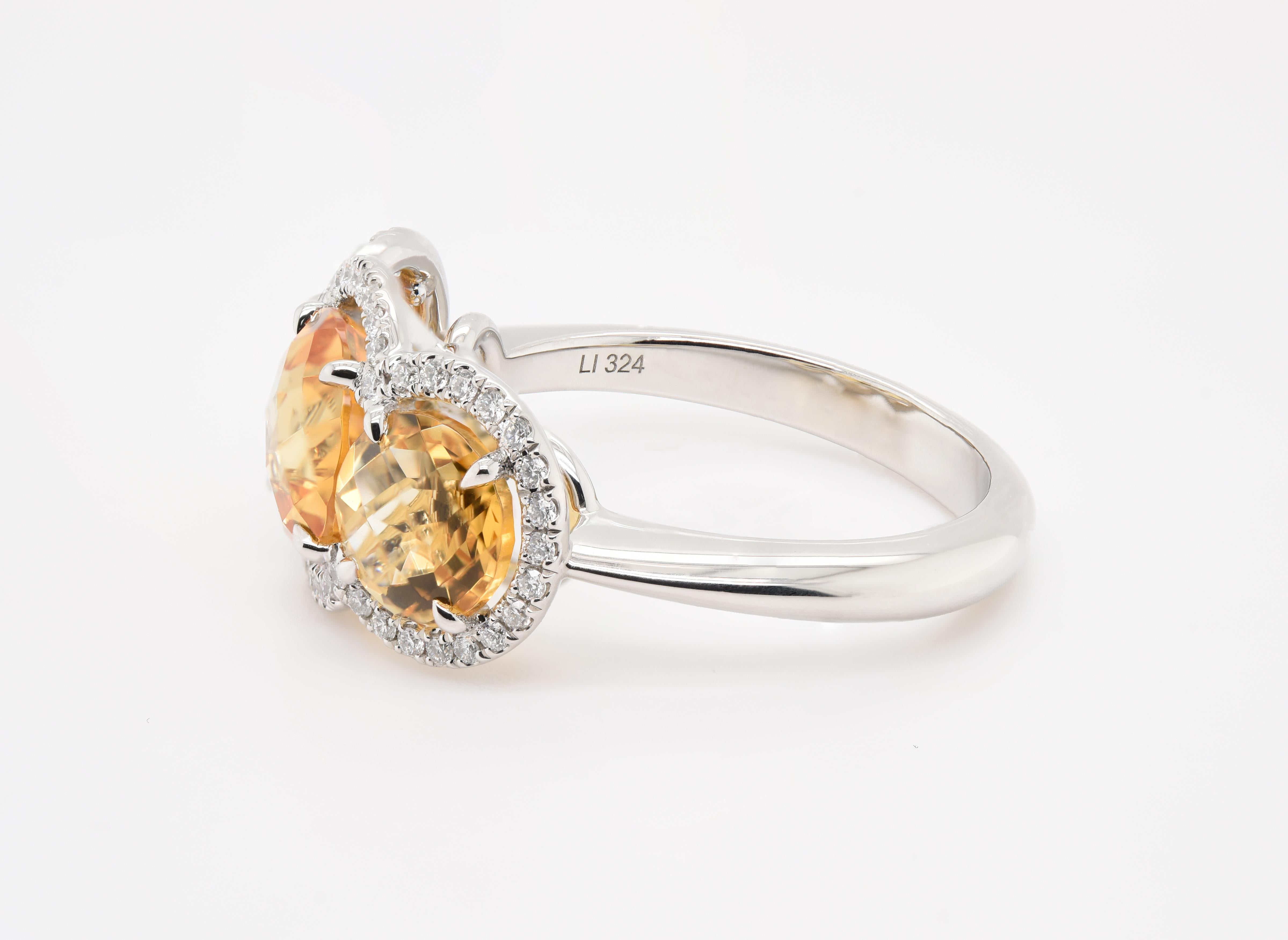 Artist JAG New York Three Citrine Surrounded by Diamond Halos Ring in Platinum For Sale