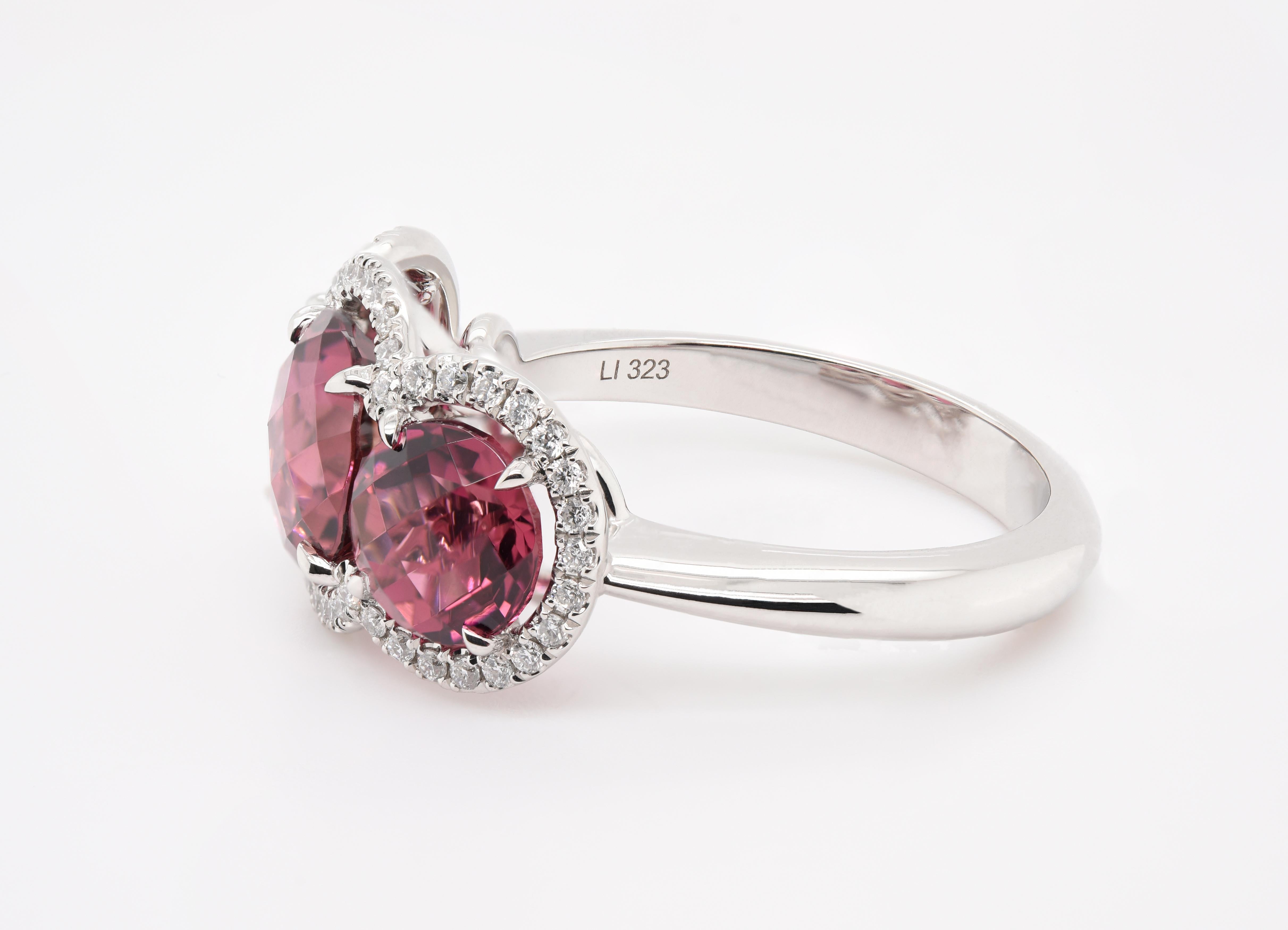 JAG New York created for you this rink tourmalines surrounded by diamond halos that is comprised of 3.80 carats total gemstone weight of pink tourmalines and diamonds set in platinum.  

Unapologetic self-expression through jewelry. JAG New York's