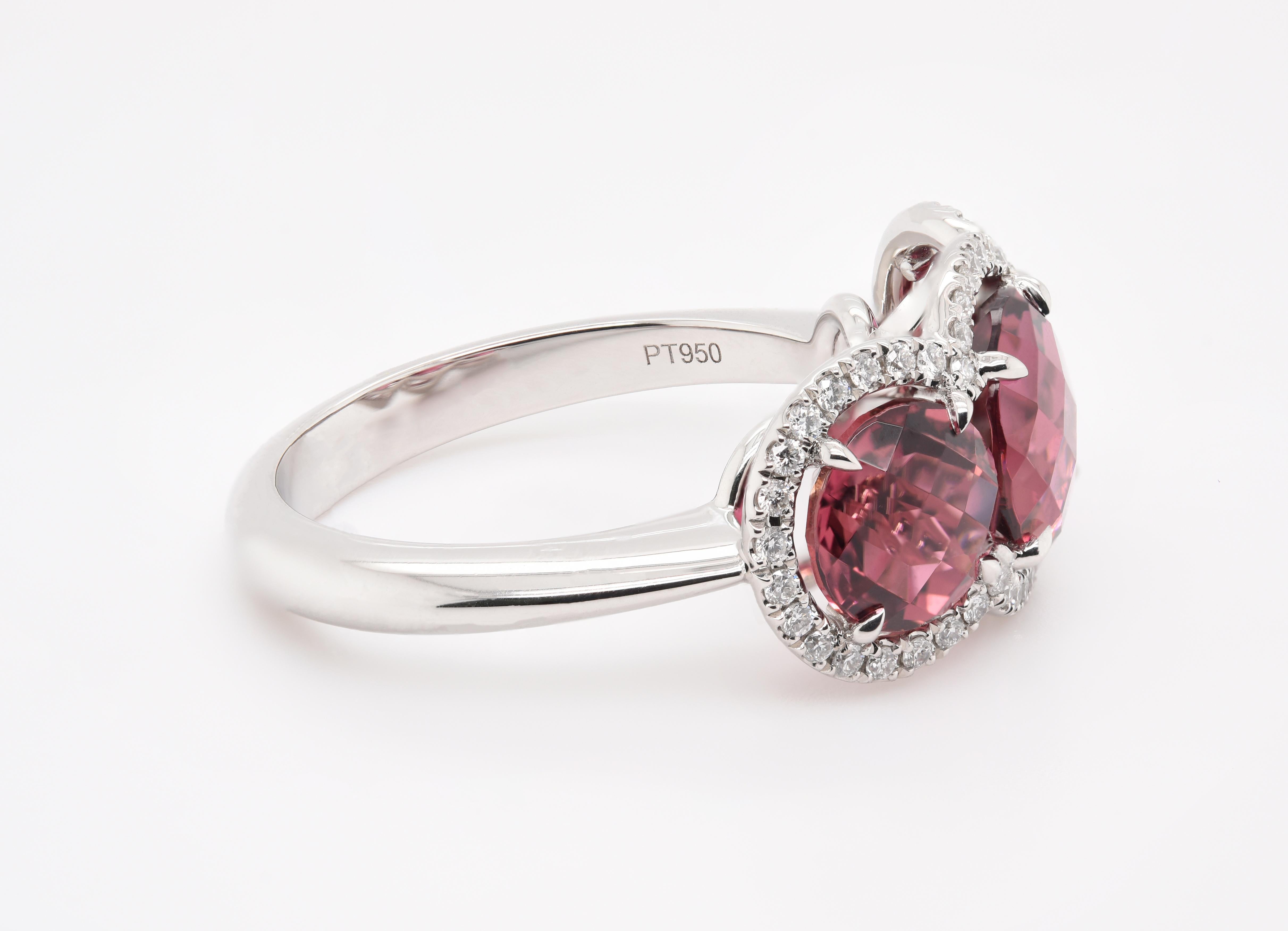 Round Cut JAG New York Three Pink Tourmalines Surrounded by Diamond halos Ring in Platinum For Sale