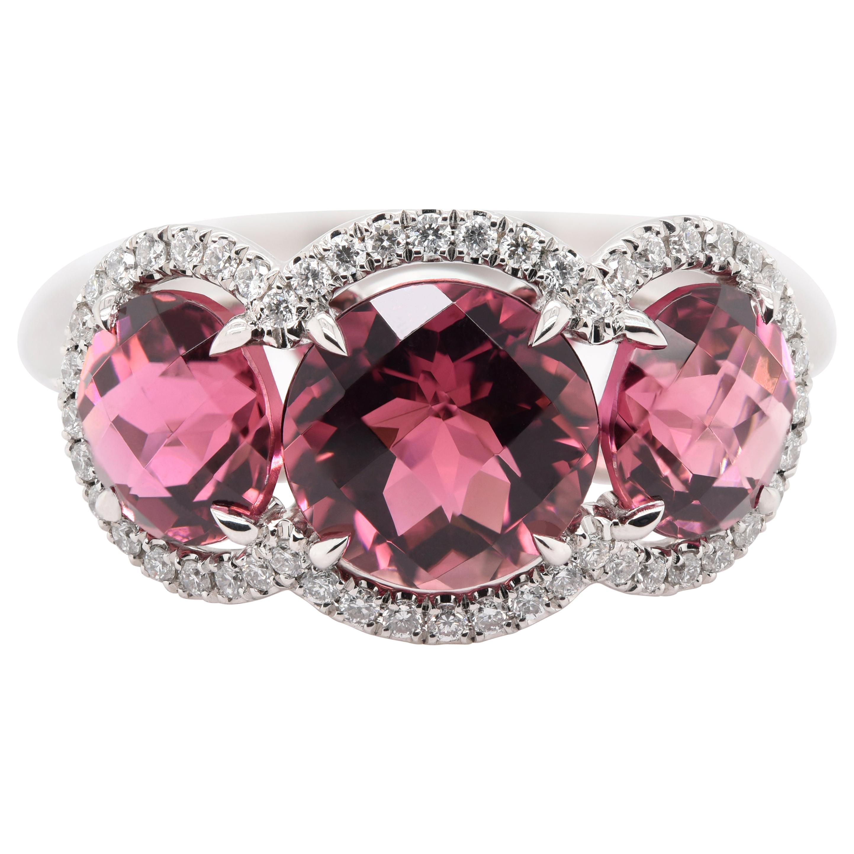 JAG New York Three Pink Tourmalines Surrounded by Diamond halos Ring in Platinum For Sale