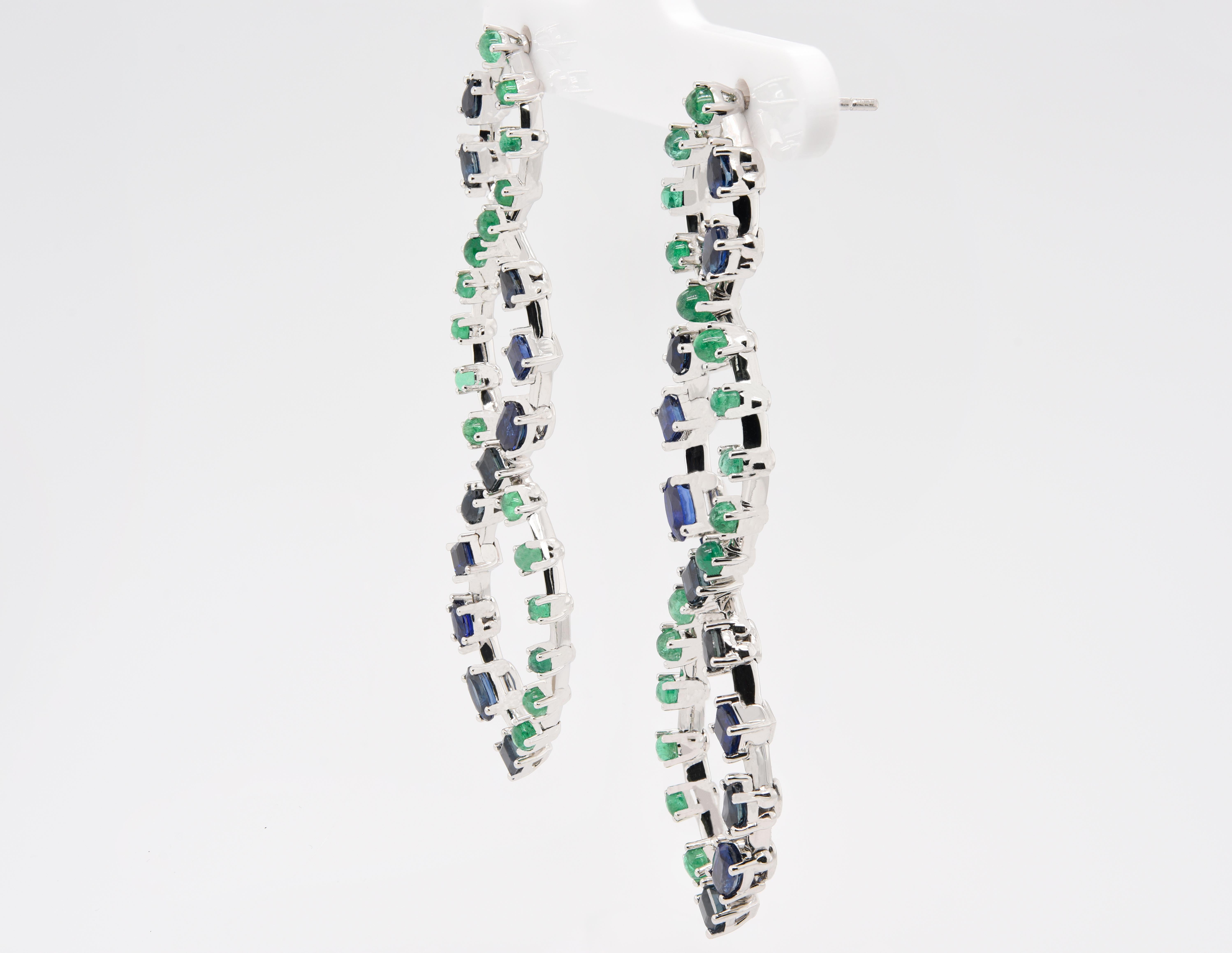 Artist JAG New York Wave, Drop Earrings with Sapphires and Emeralds in Platinum For Sale