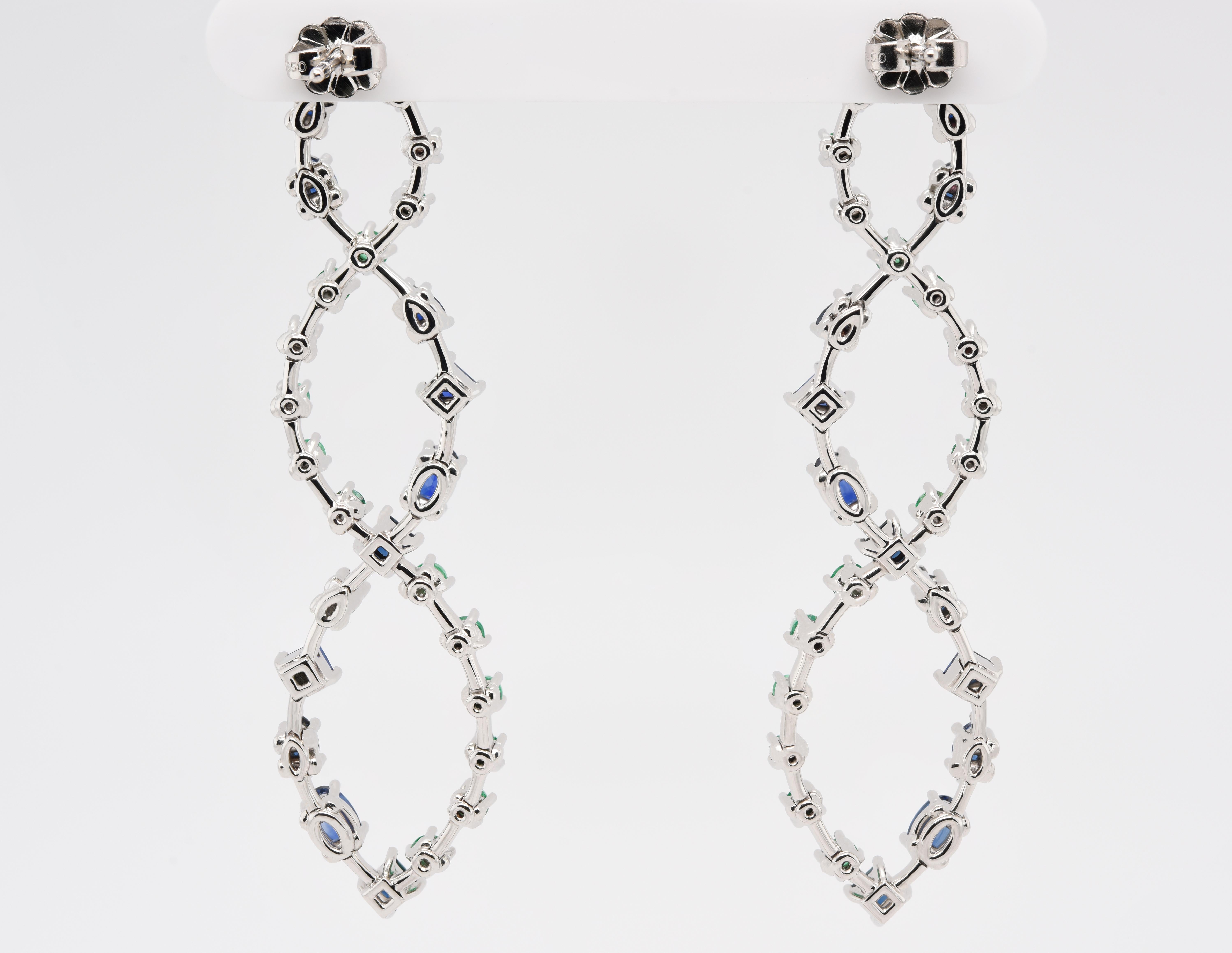 Round Cut JAG New York Wave, Drop Earrings with Sapphires and Emeralds in Platinum For Sale