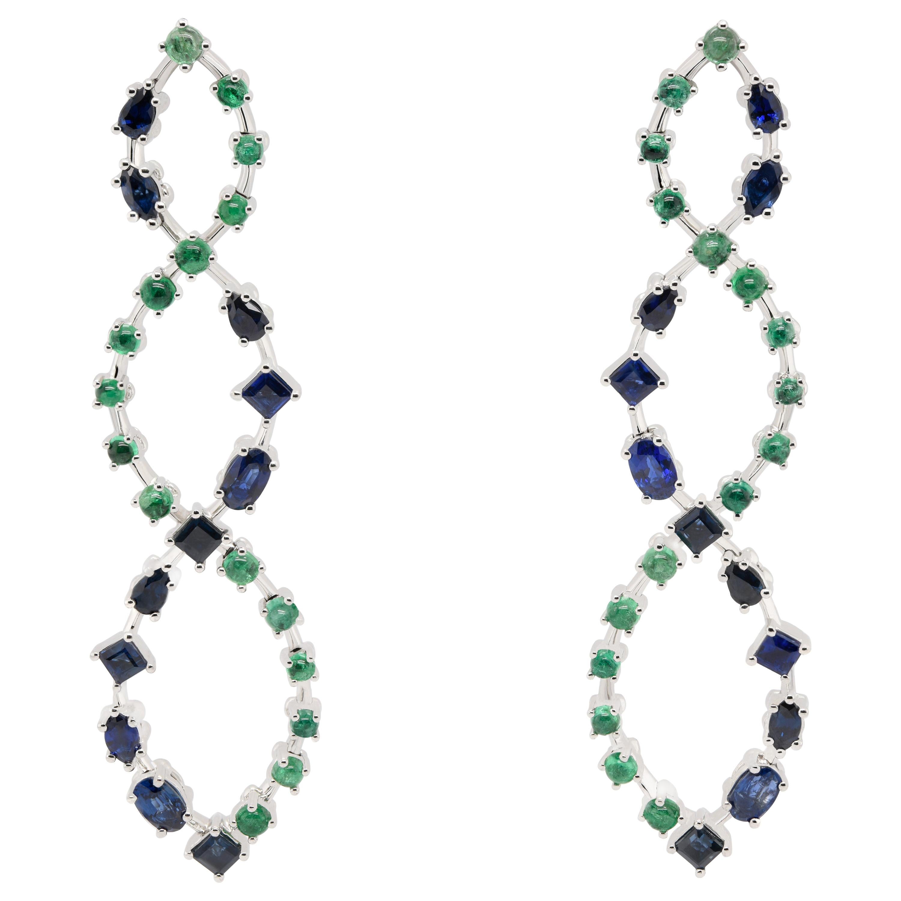 JAG New York Wave, Drop Earrings with Sapphires and Emeralds in Platinum For Sale