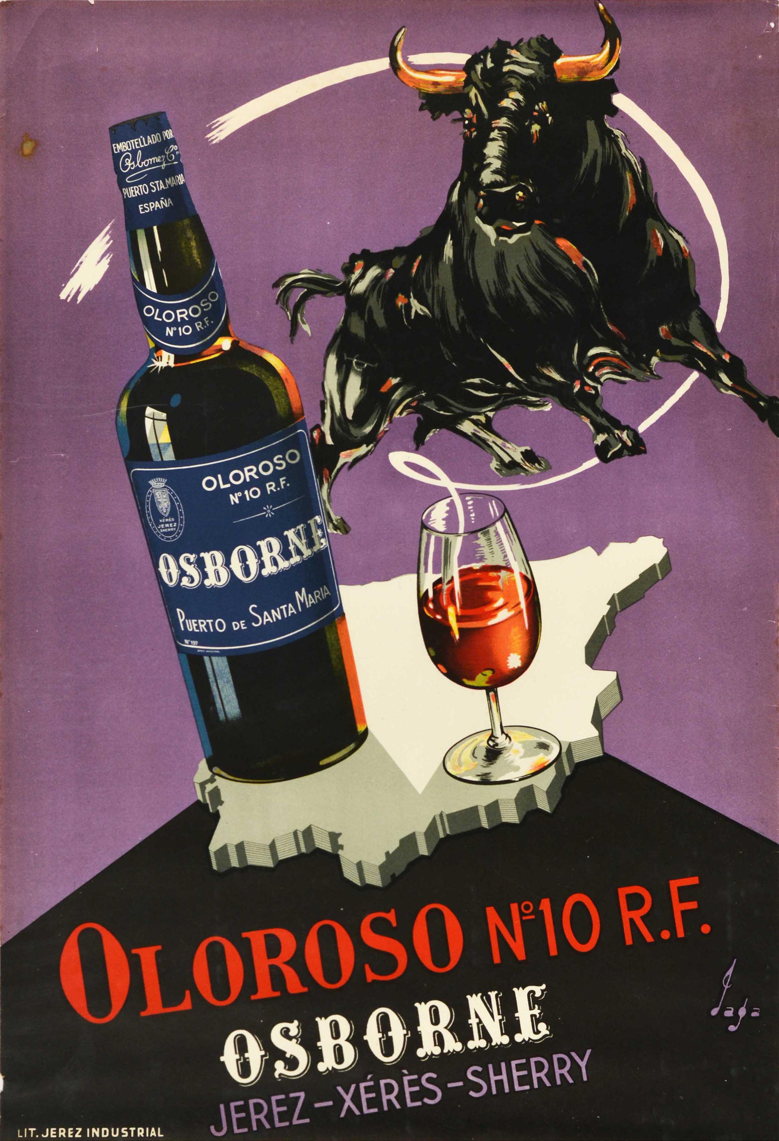 Jaga Print - Original Vintage Drink Poster Oloroso No.10 R.F. Osborne Sherry Map Bull Design