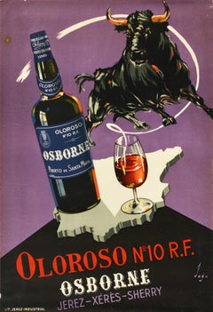 Original Vintage-Getränkeplakat Oloroso Nr.10 R.F. Osborne Sherry-Karte, Stierdesign