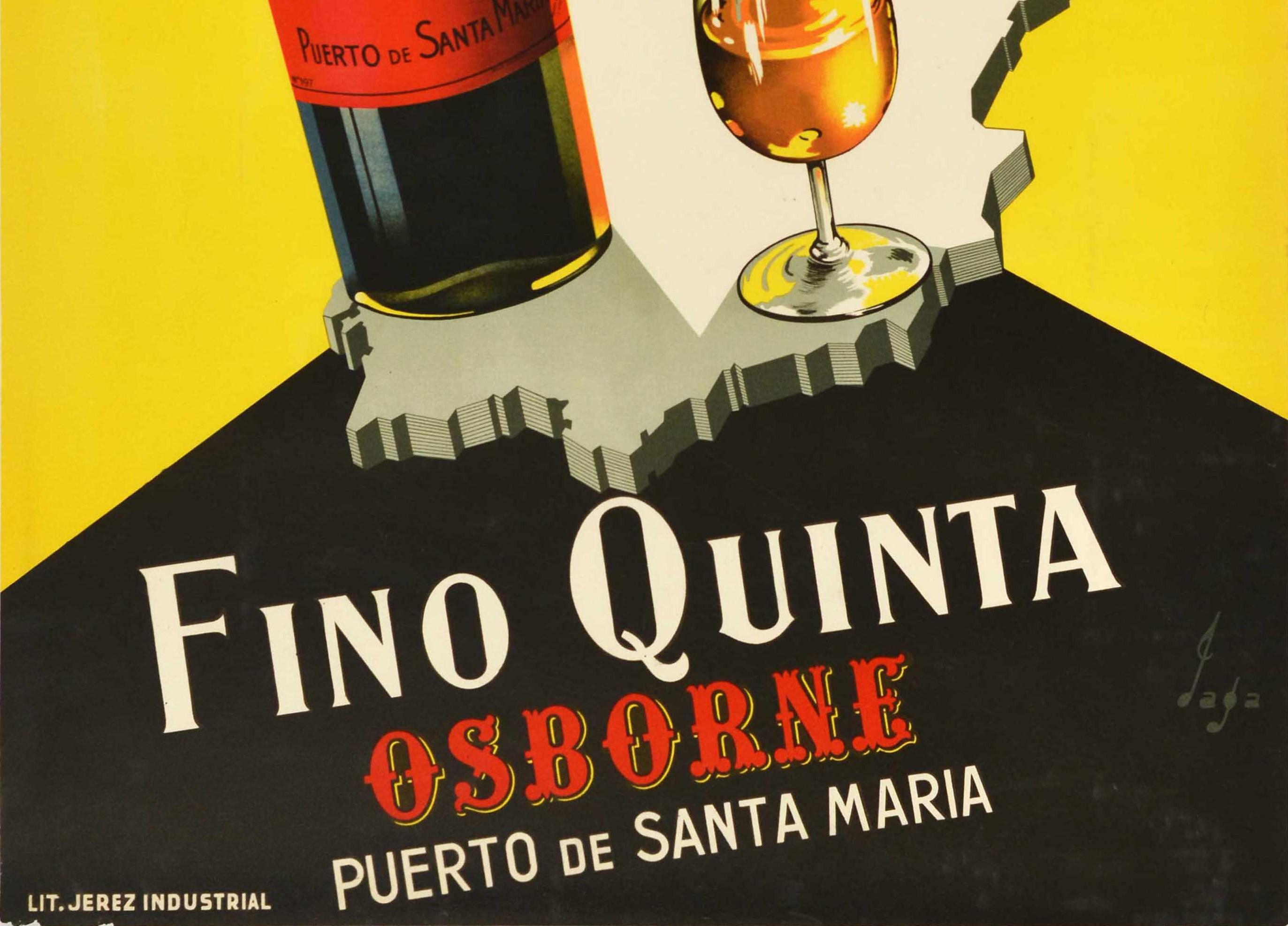Original Vintage Getränke-Poster Fino Quinta Osborne Sherry Spanien Karte Bull Design (Gelb), Print, von Jaga