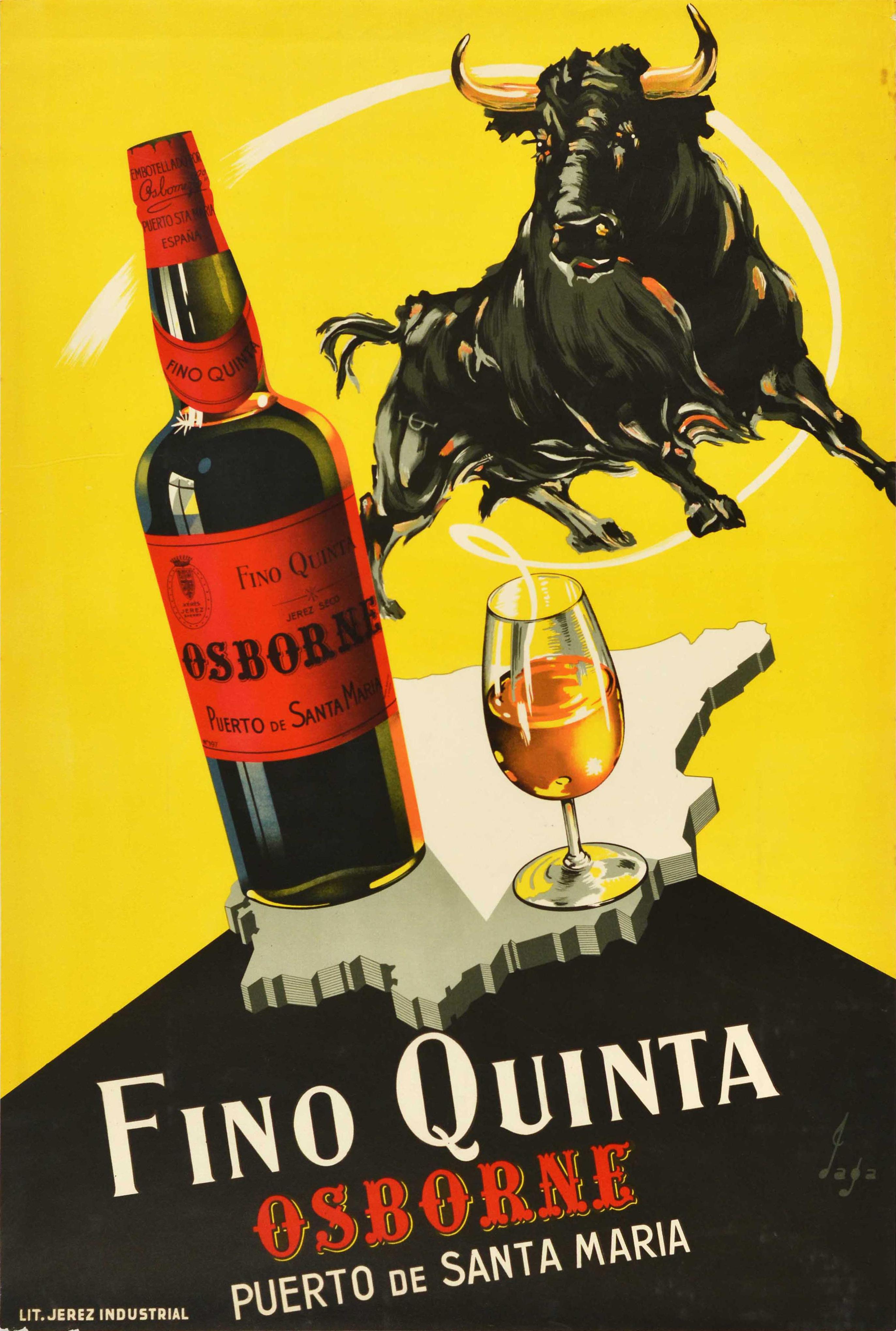 Jaga Print – Original Vintage Getränke-Poster Fino Quinta Osborne Sherry Spanien Karte Bull Design