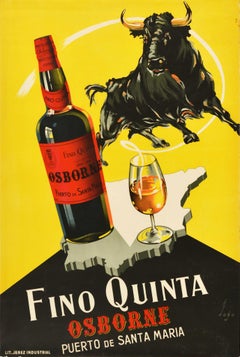 Original Vintage Drink Poster Fino Quinta Osborne Sherry Spain Map Bull Design