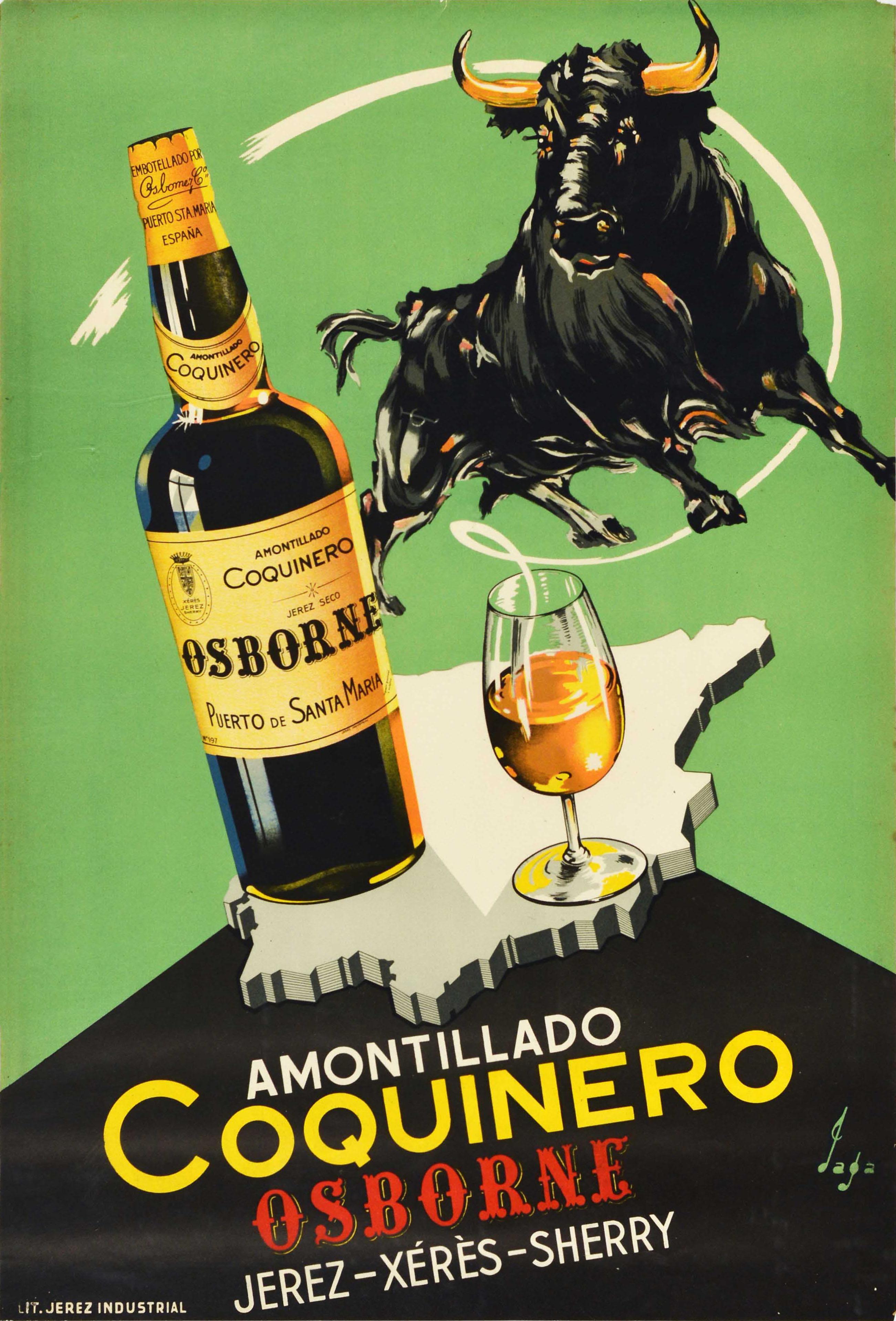 Jaga Print - Original Vintage Drink Poster Amontillado Coquinero Osborne Sherry Map Bull Art