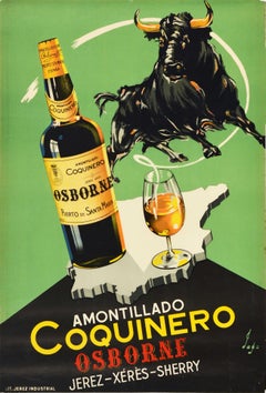Original Vintage Getränke-Poster Amontillado Coquinero Osborne Sherry Map Bull Art