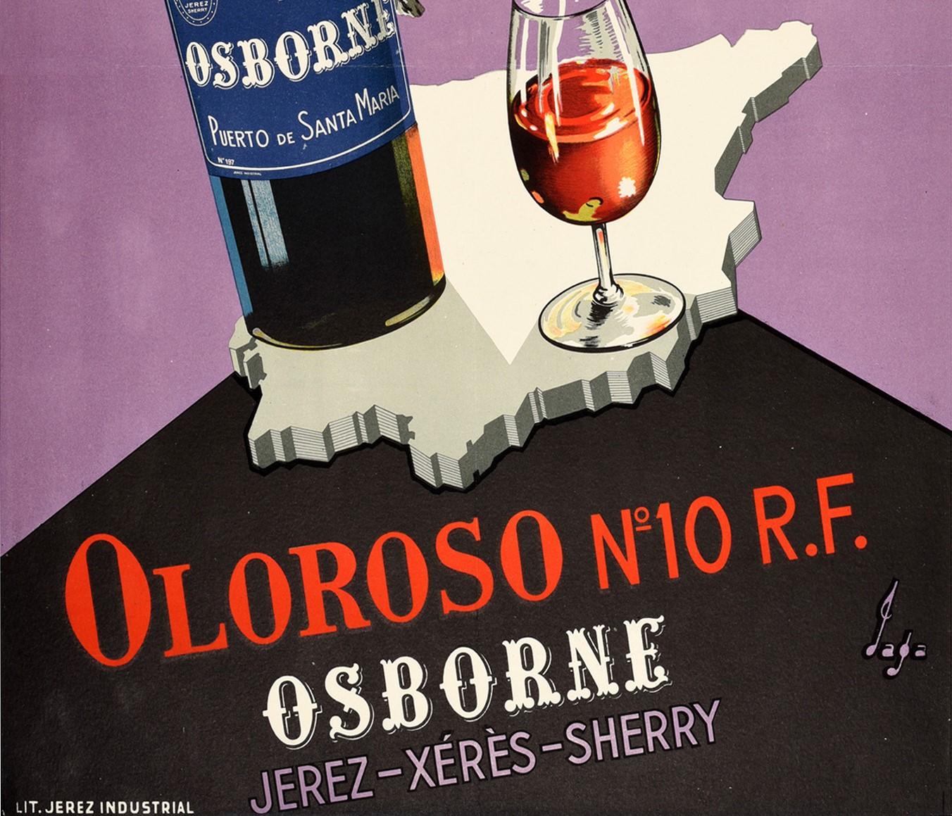 Affiche rétro originale pour les boissons, Osborne Jerez Xeres Sherry, Carte de l'Espagne, Brésil, Brésil Bull Art - Gris Print par Jaga