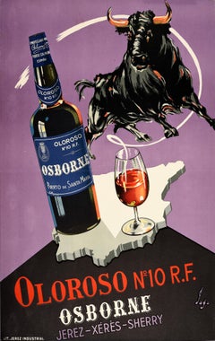 Original Vintage Drink Poster Osborne Jerez Xeres Sherry Spain Map Wine Bull Art