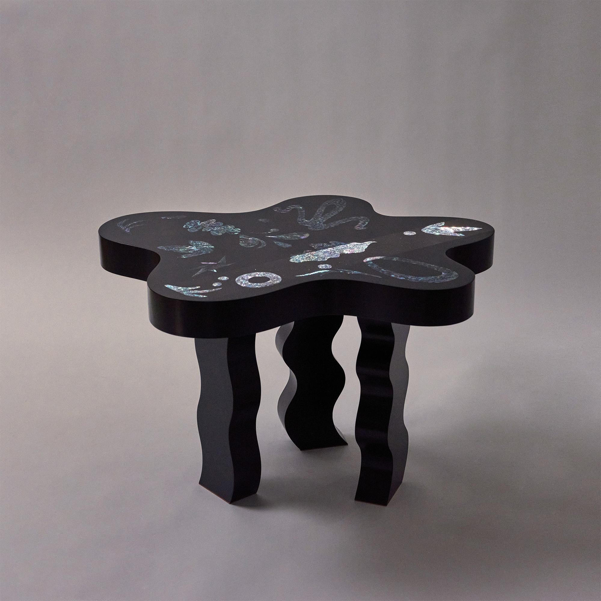 Hand-Carved Jagae,  Black coffee table with mother of pearl embellisments  For Sale
