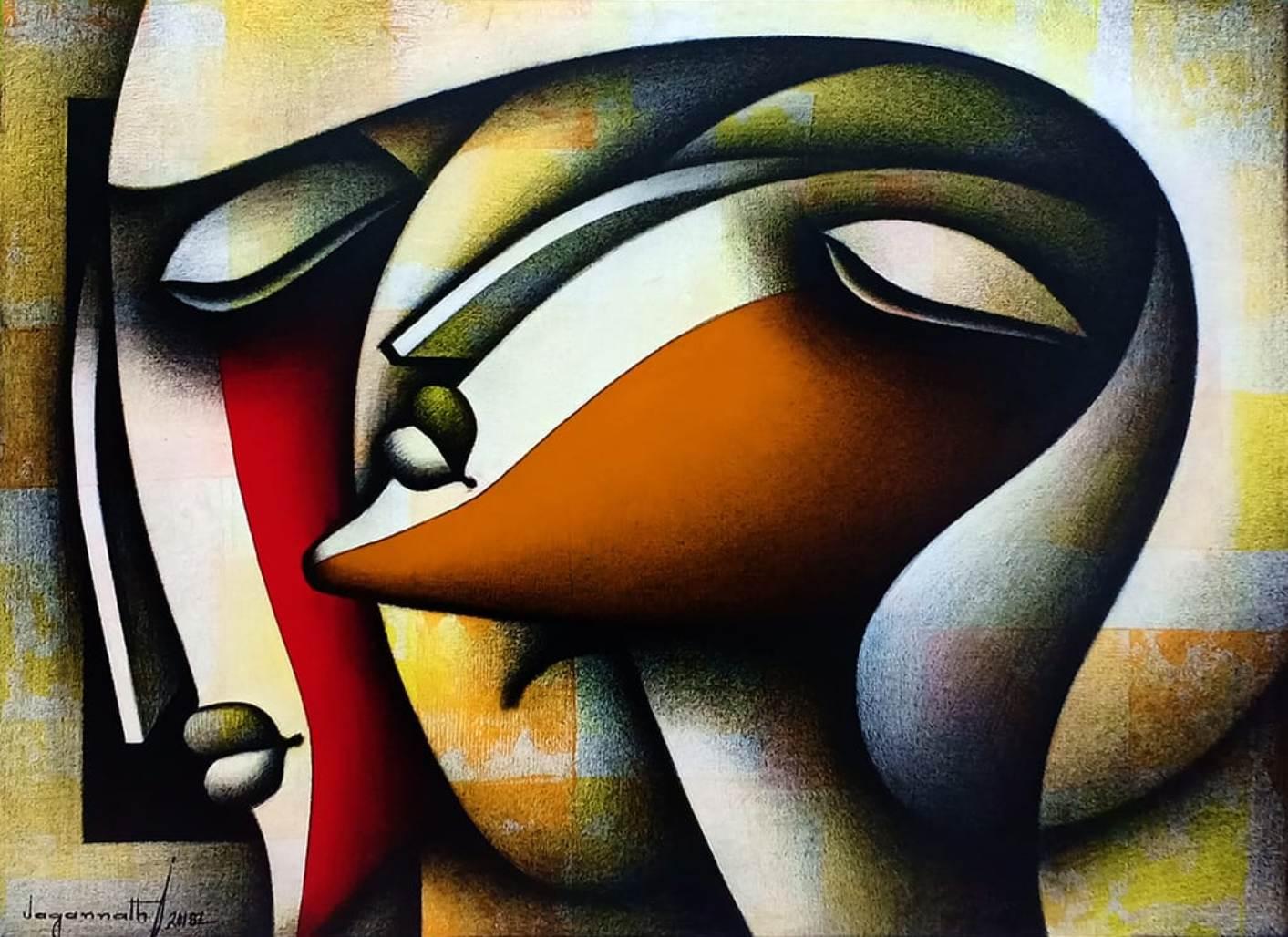 Jagannath Paul Couple, Charcoal, Acrylic on Canvas Red, Blue, Green