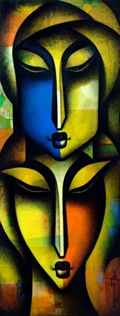 Bond of Love, Charcoal, Acrylic on Canvas Blue, Yellow, Green colors "In Stock"