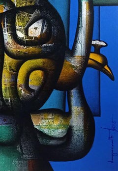 Bond of love, relationship, acrylic canvas in green, blue, red by IndianArtist