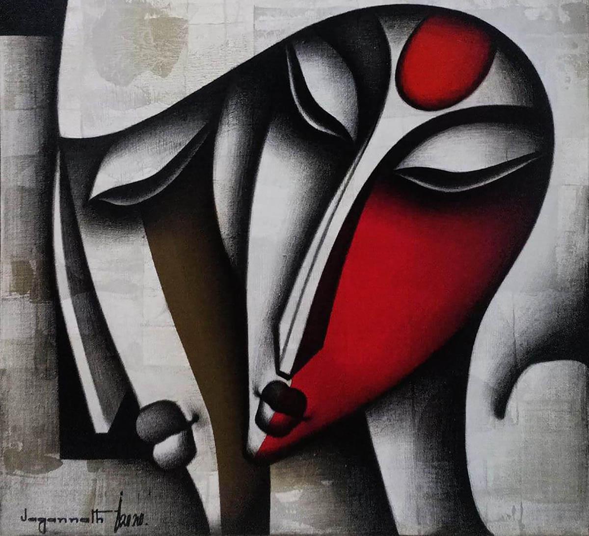 Bond of Love Series, Charcoal, Acrylic, Canvas, Red, Indian Artist 