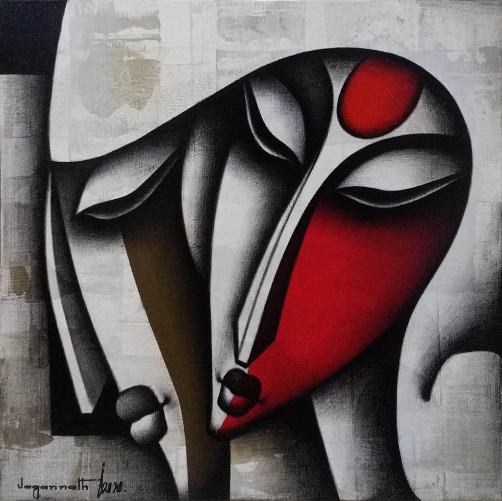 Jagannath Paul Figurative Painting - Bond of Love Series, Charcoal, Acrylic, Canvas, Red, Indian Artist "In Stock"