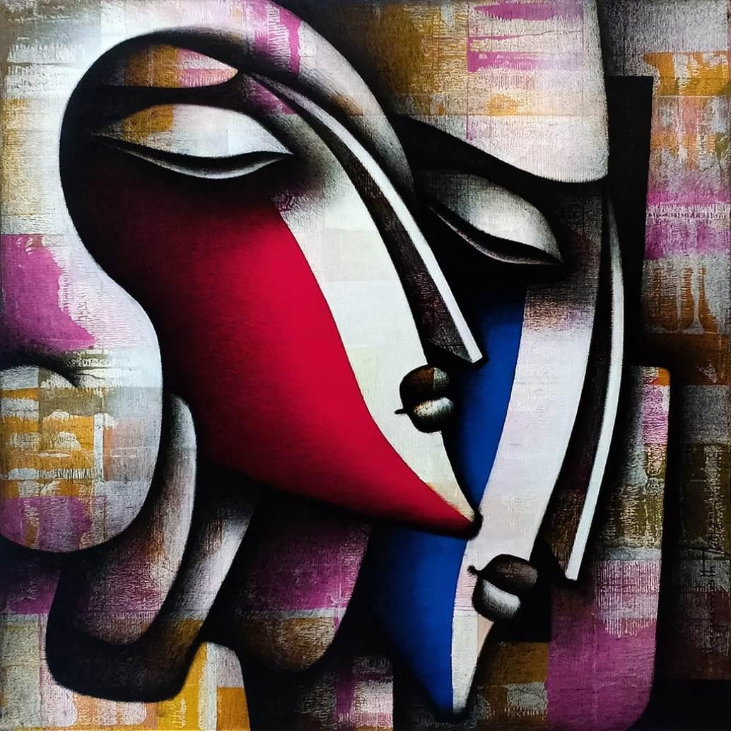 Jagannath Paul Figurative Painting - Bond of Love Series, Charcoal, Acrylic on Canvas, Red, Blue color "In Stock"