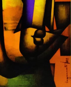 Bond of Love Serie, Holzkohle, Acryl auf Leinwand, Rot, Blau, Gelb „“Auf Lager“