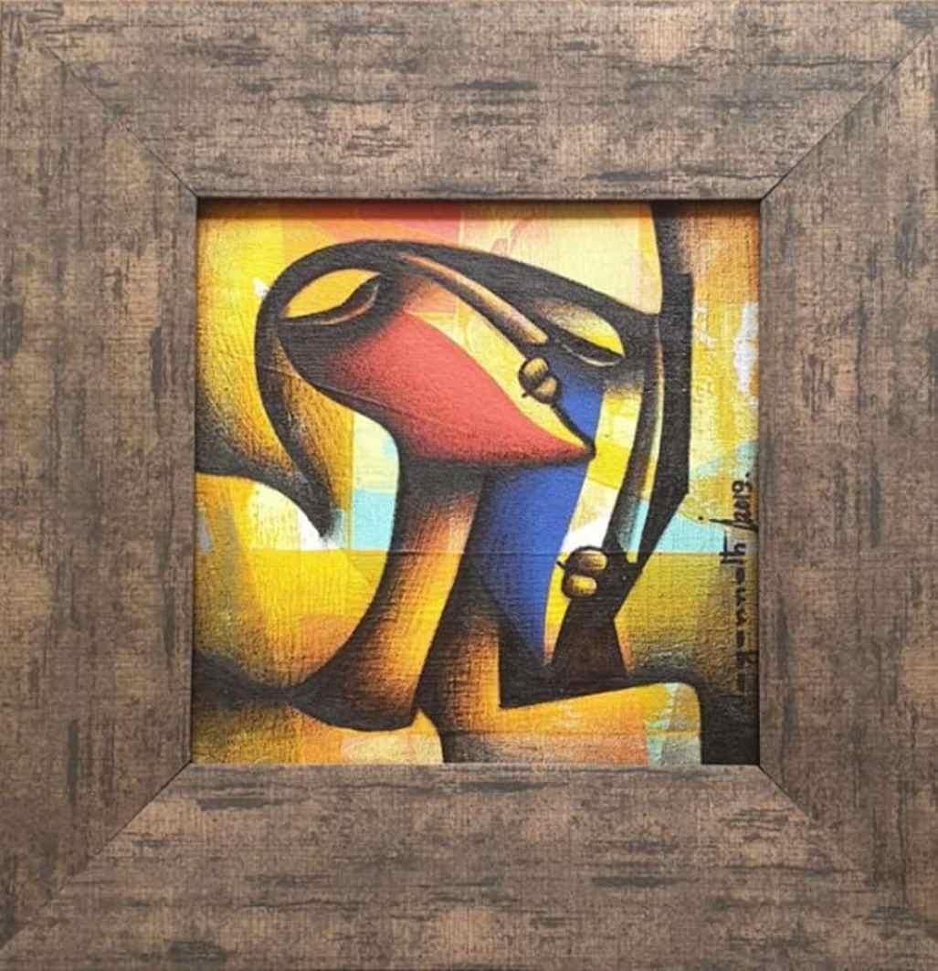 Jagannath Paul Portrait Painting - Bond of Love Series, Charcoal, Acrylic on Canvas, Red, Blue, Yellow "In Stock"