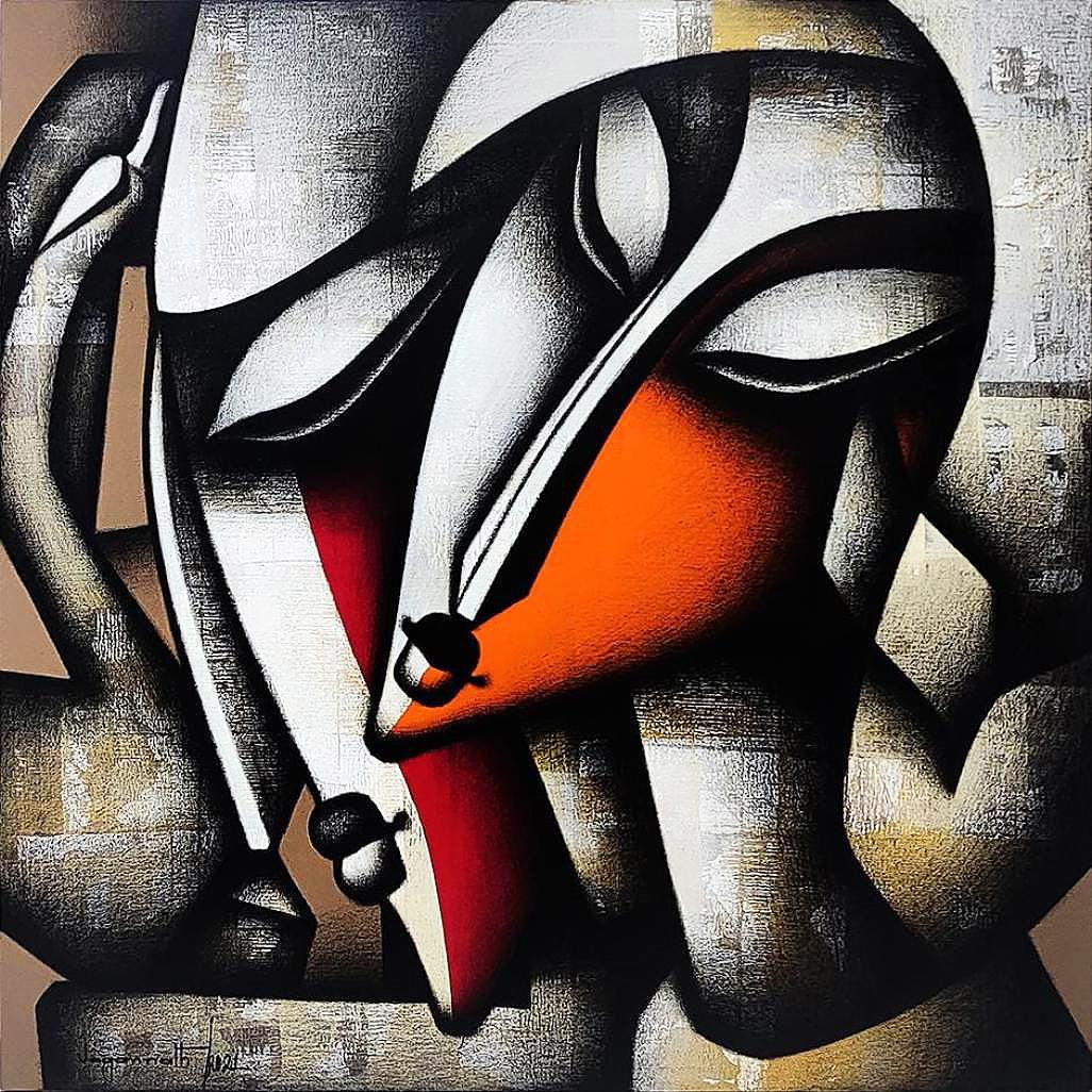 Bond of Love Series, Charcoal, Acrylic on Canvas, Red, Orange, Brown "In Stock"