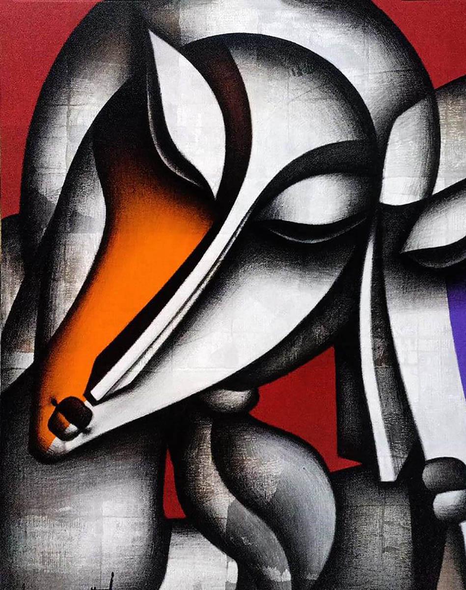 Bond of Love Series, Charcoal, Acrylic on Canvas, Violet, Orange, Red 