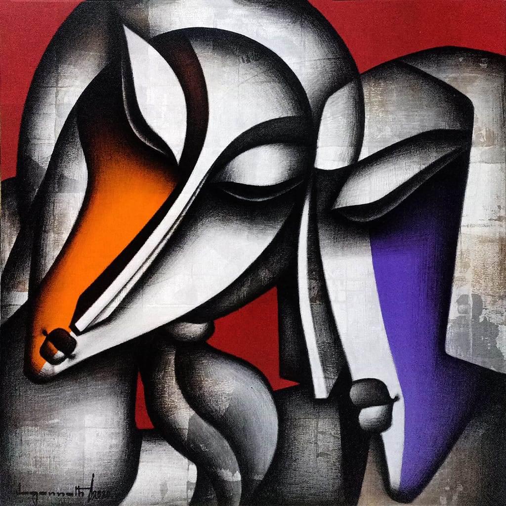Bond of Love Series, Charcoal, Acrylic on Canvas, Violet, Orange, Red "In Stock"