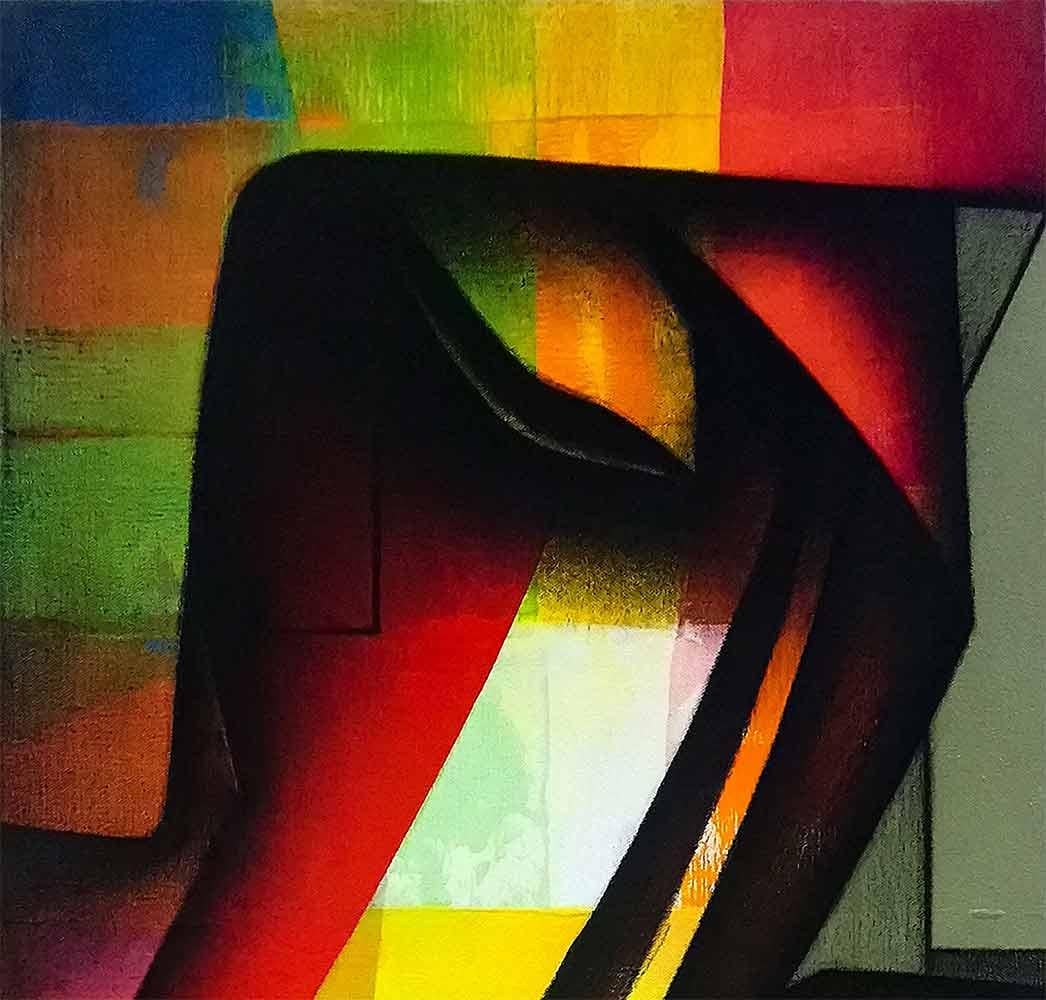 Bonding, Relationship, Charcoal, Acrylic on Canvas, Red, Blue, Green 