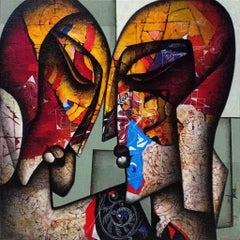 Eternal Love, Charcoal & Acrylic on Canvas, Red, Blue Indian Art "In Stock"