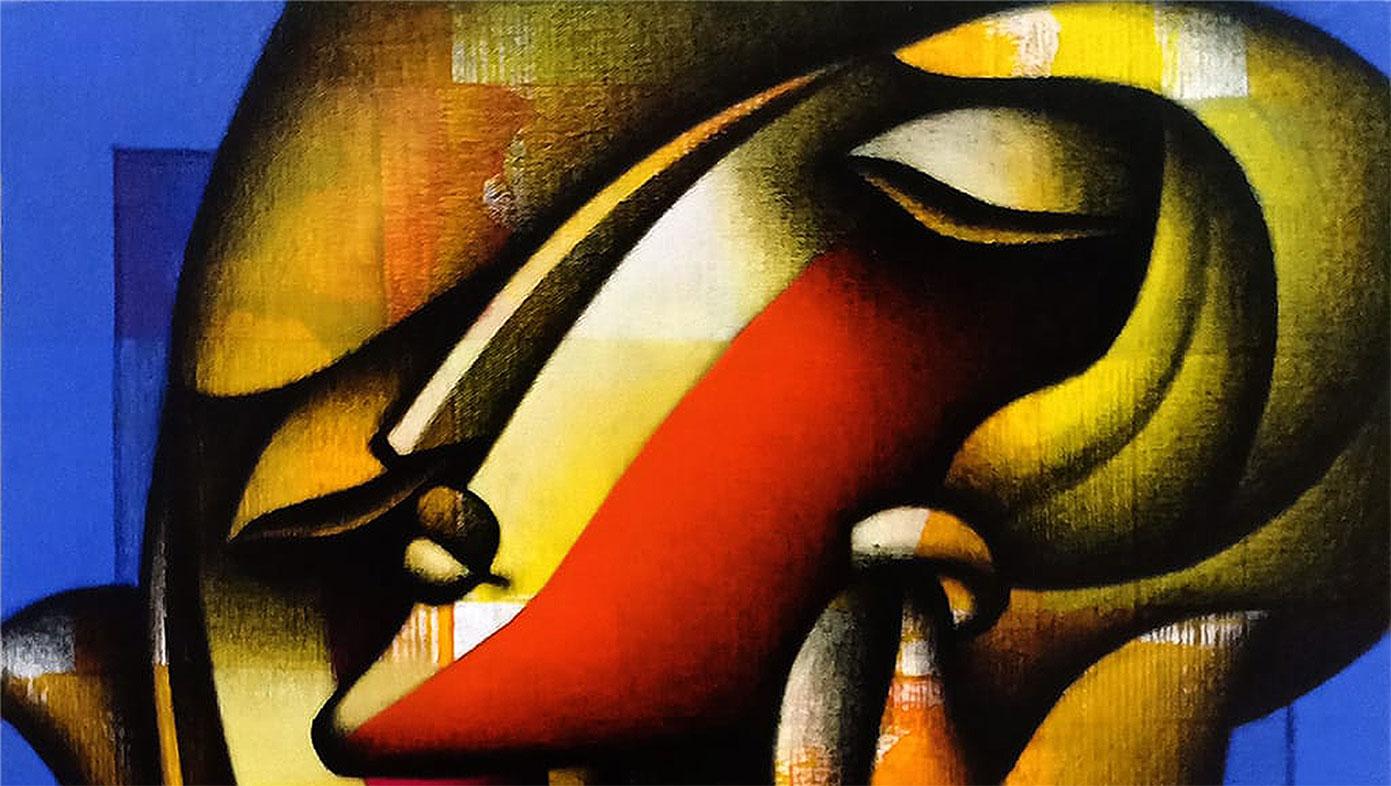 Eternal Love, Relationship of Male & Female, Charcoal, Acrylic in Red, Yellow, Blue - Painting by Jagannath Paul