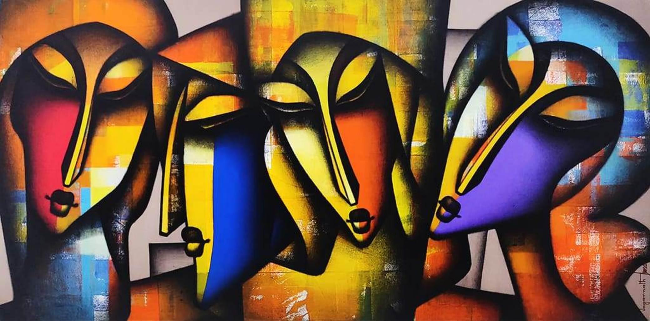 Jagannath Paul Figurative Painting - Togetherness, Charcoal, Acrylic on Canvas Blue, Yellow, Green colors "In Stock"