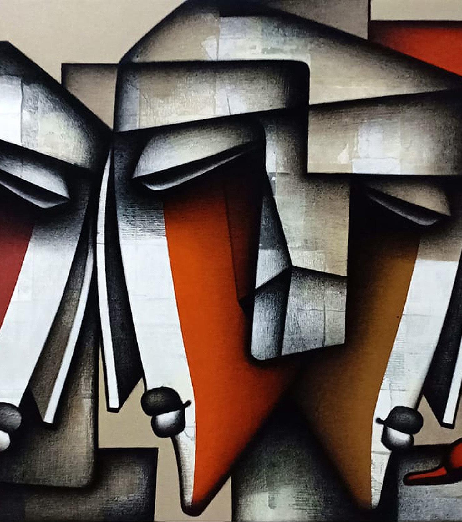 Togetherness, Charcoal, Acrylic on Canvas, Red, Brown by Indian Artist
