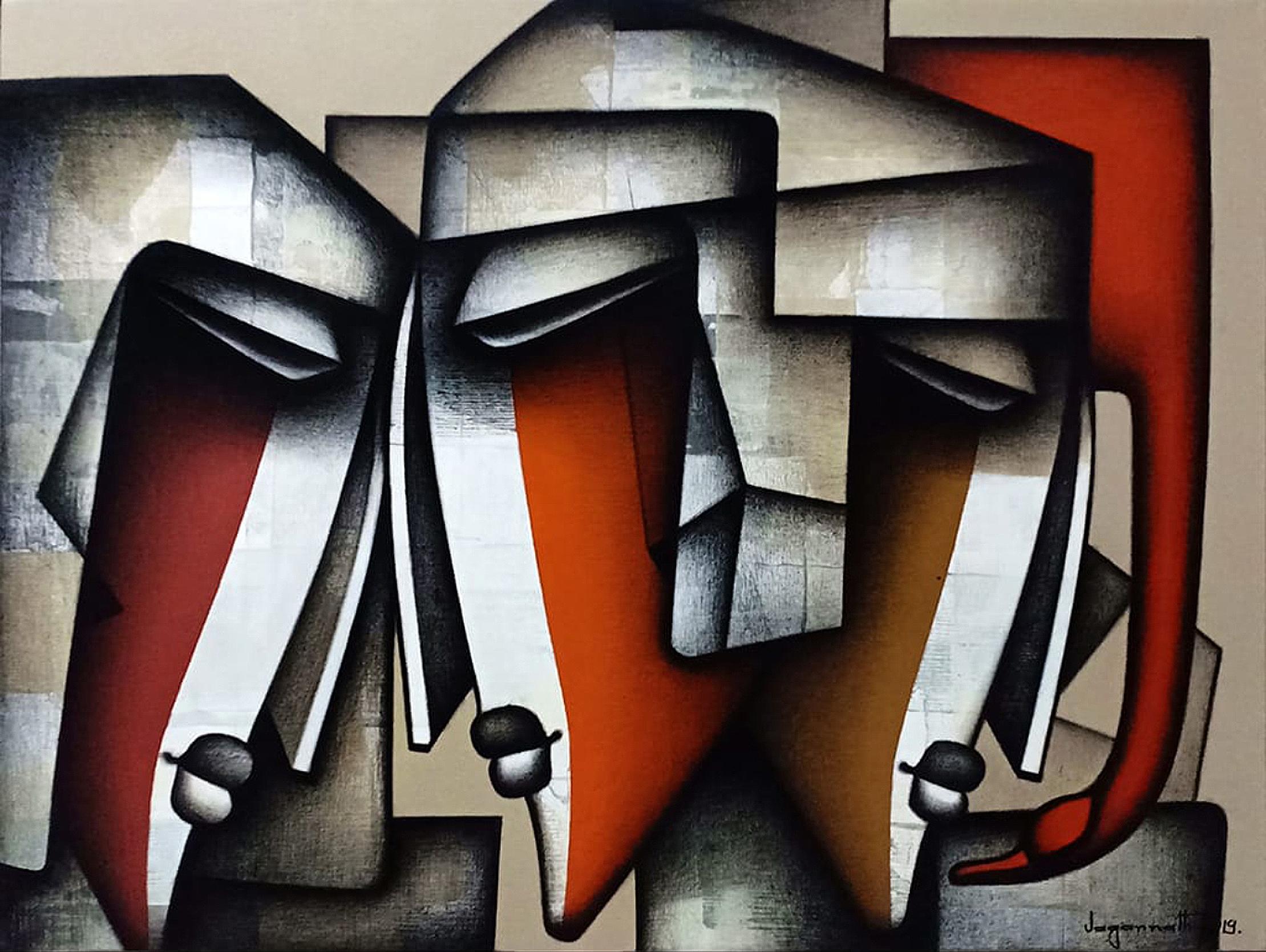 Jagannath Paul Portrait Painting - Togetherness, Charcoal, Acrylic on Canvas, Red, Brown by Indian Artist"In Stock"