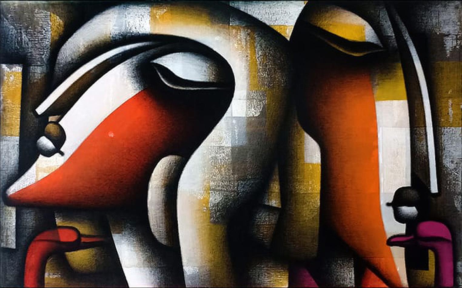 Togetherness, Charcoal, Acrylic on Canvas, Red, Orange, Pink, Yellow 