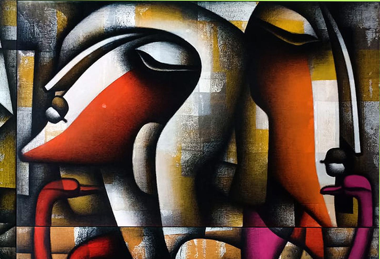 Togetherness, Charcoal, Acrylic on Canvas, Red, Orange, Pink, Yellow 
