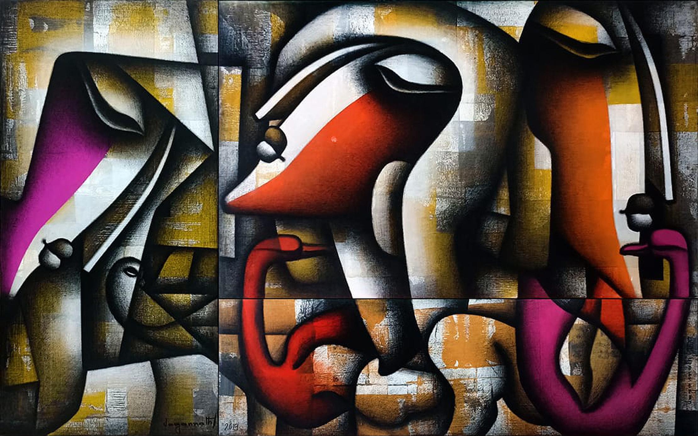 Jagannath Paul Figurative Painting - Togetherness, Charcoal, Acrylic on Canvas, Red, Orange, Pink, Yellow "In Stock"
