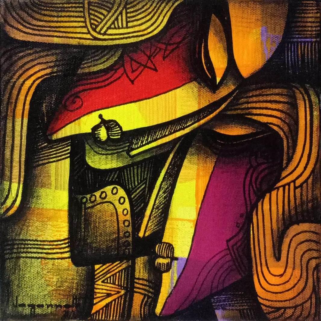 Jagannath Paul Couple, Charcoal, Acrylic on Canvas Red, Blue, Green