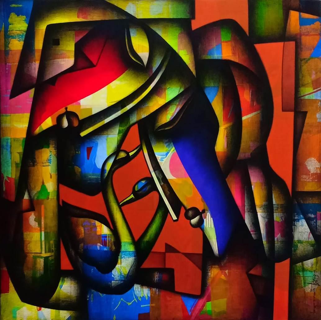 Jagannath Paul Figurative Painting - Togetherness, Charcoal & Acrylic on Canvas, Red, Blue, Indian Art "In Stock"
