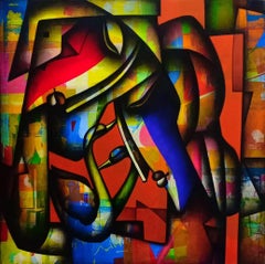 Togetherness, Charcoal & Acrylic on Canvas, Red, Blue, Indian Art "In Stock"