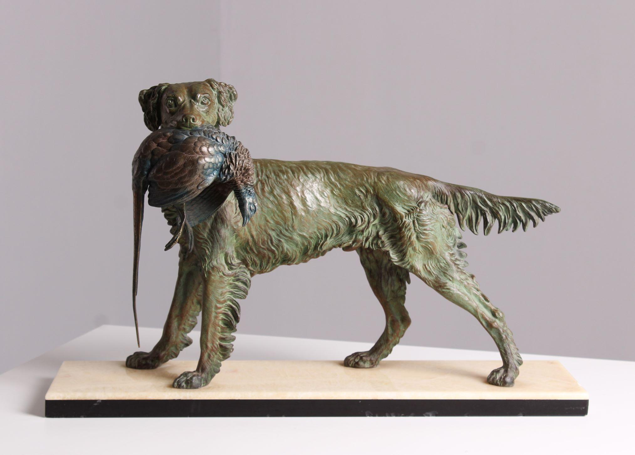 Jagdhund, Spaniel mit Fasan, Skulptur von Jules Moigniez, frühes 20. Jahrhundert (Zink) im Angebot