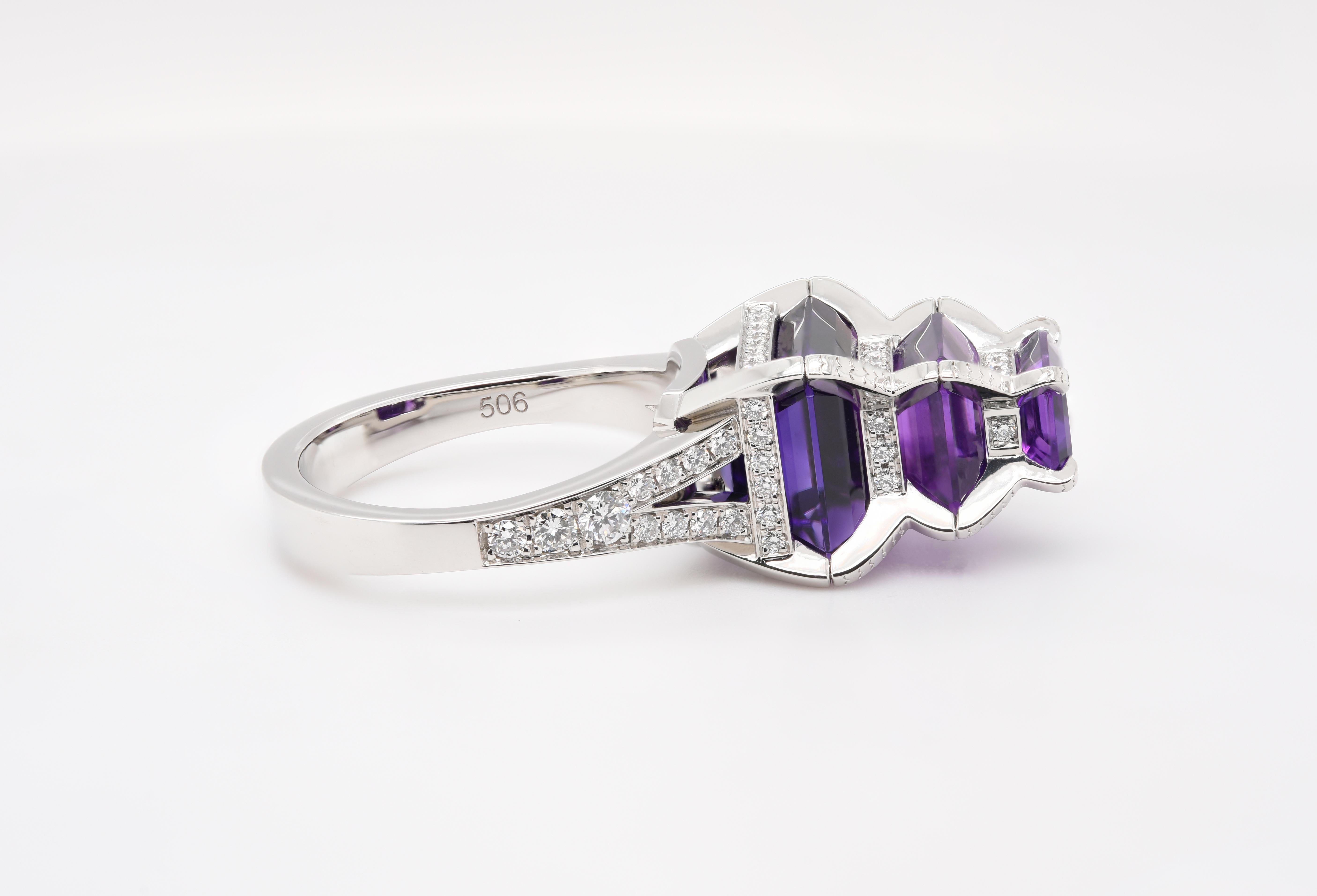 Emerald Cut JAG New York Diamond and Amethyst Ring in Platinum For Sale