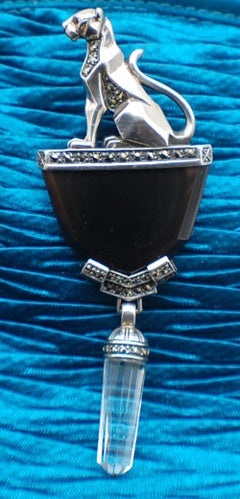Jaguar Anstecknadel aus schwarzem Onyx und baumelndem Kristall aus Sterlingsilber mit Marcasite