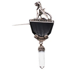 Jaguar Black Onyx and Dangling Crystal Sterling Silver Pin with Marcasite