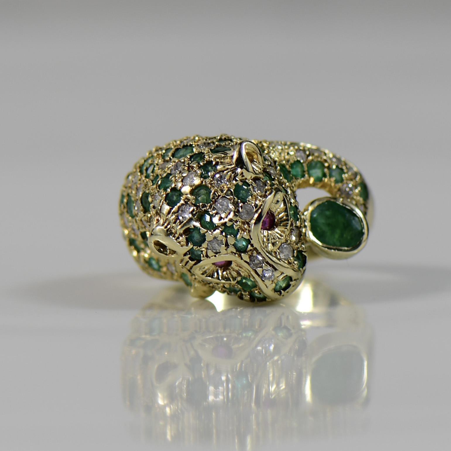 Round Cut Jaguar Cat w Emerald, Diamond, Ruby Pave 3d 14K Gold Ring